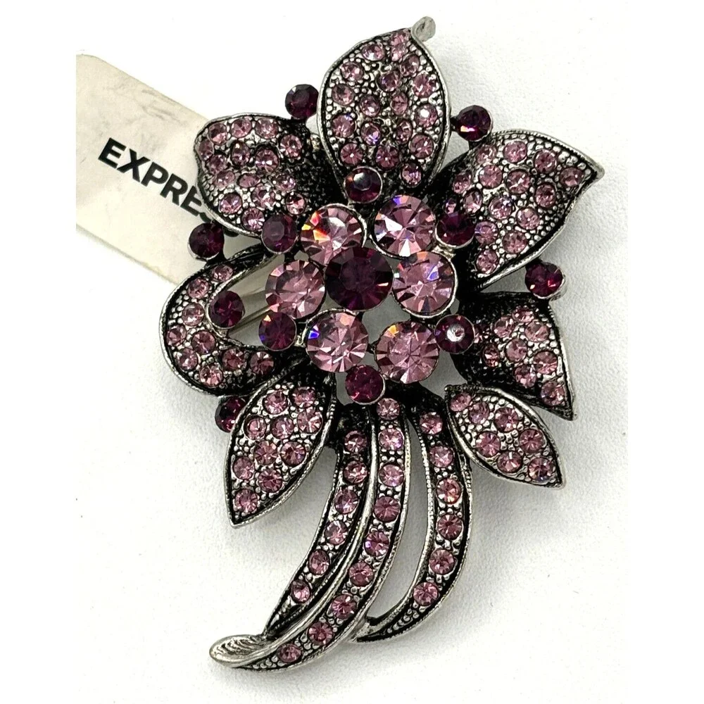 Express Crystal Floral Rhinestone Brooch PurplePink Silvertone Statement Pin NWT